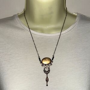 Vintage antique gold filigree black‎ beaded statement necklace